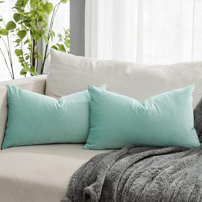 Mist Decorative Lumbar Velvet Throw Pillow Covers 16x24 inch Set of 2 with Zipper Luxury Soft Solid Rectangle Cushion Covers Case for Sofa Couch Bed Living Room