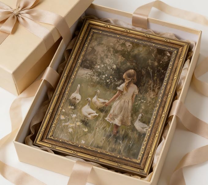 Vintage Gold Framed Canvas Wall Art Rural Goose Girl Painting Picture Cottagecore Print Poster Country Farmhouse Nature Wall Decor for Bedroom Bathroom Living Room Decoration 9x11in