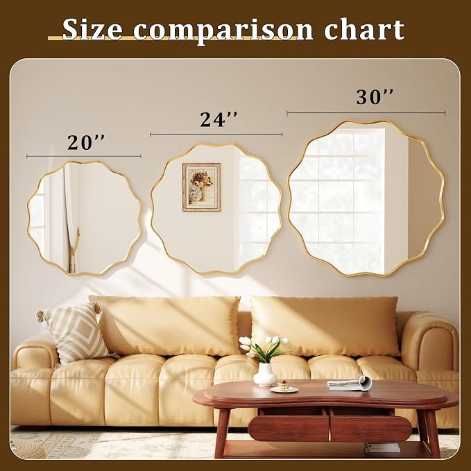 20" Decorative Scalloped Round Wall Mirror, Wavy Metal Deep Frame, Gold | Circle Mirror Wall Mounted for Bathroom, Bedroom, Entryway, Living Room