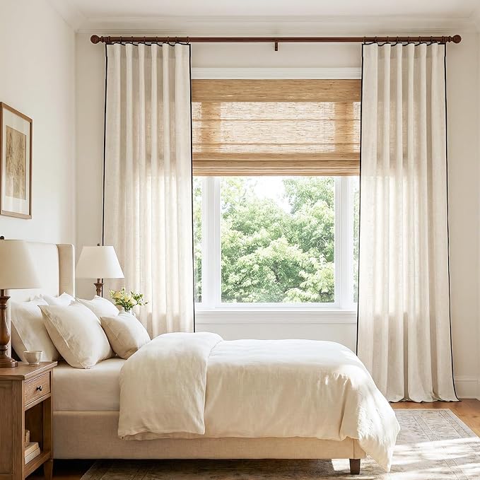 jinchan Beige Linen Curtains with Black Trim Back Tab 50x108 Inch 2 Panels | Semi sheer light filtering, modern farmhouse curtains for living room and bedroom, back tab rod pocket, machine washable