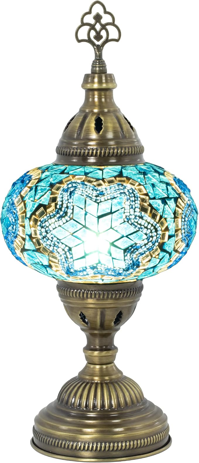 Turkish Mosaic Table Lamp with Bulb – Handmade Turquoise Blue Stained Glass Bedside Light, Authentic Vintage Boho Decor with E12 Socket & US Plug
