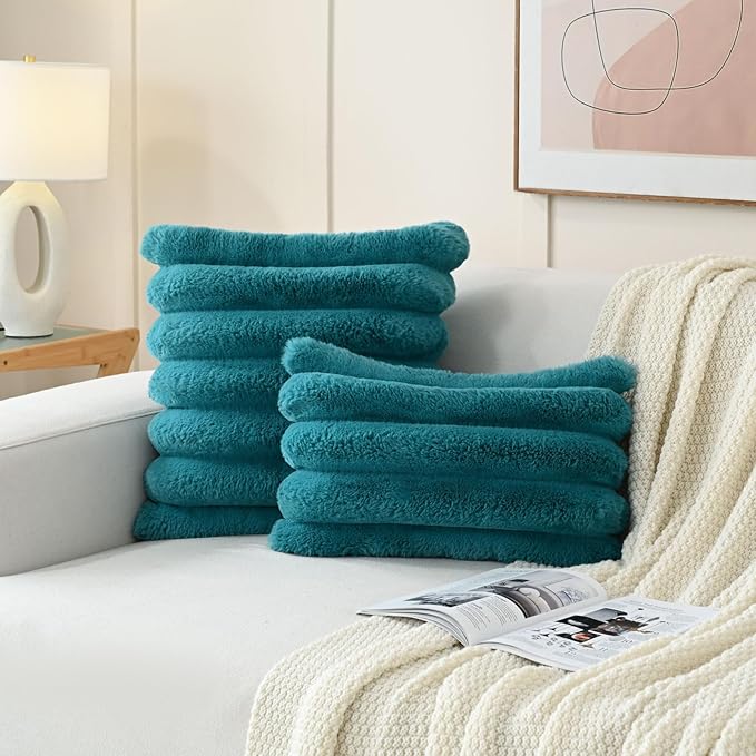 HAUSSY Pack of 2 Pillow Covers 16x16 Inch, Faux Fur Decorative Couch Throw Pillows Soft Striped Plush Cushion Covers Home Decor Cute Furry Pillowcase for Living Room Sofa Bed, Teal (Covers Only)