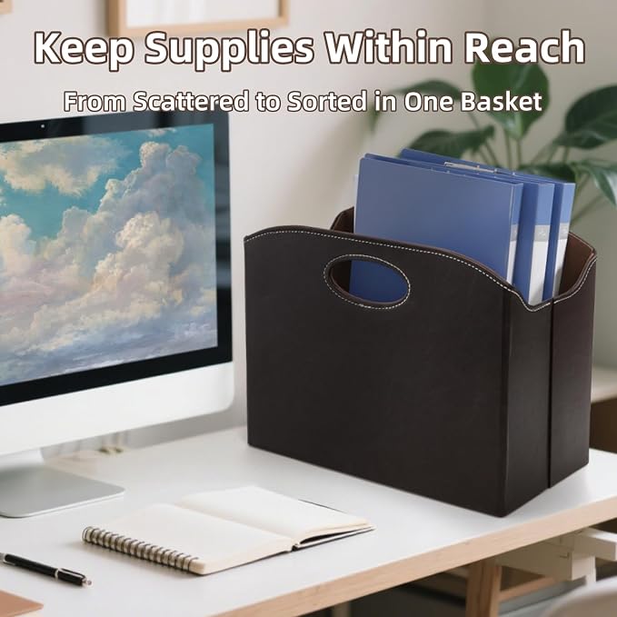 WRINGKIT Leather Magazine File Holder, Foldable Magazine Basket with Handle | Stable Brown Magazines Rack Floor, Document File Folder Organizer Box, Books Newspaper Storage Bin for Office Home School