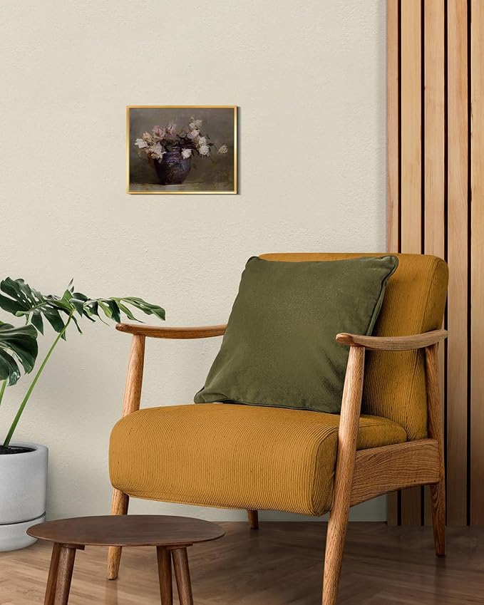 AIMAILON Framed Pink Flower and Plant Pattern,Aesthetic Still Life Art 8x10 | golden frame, easy to hang, classical natural theme, suitable for living room decoration paintings