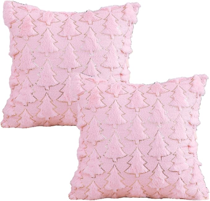 VAKADO Christmas Throw Pillow Covers 20x20 Set of 2 Embroidered Decorative Xmas Cushion Cases Holiday Soft Home Decor for Bedroom Sofa Chair Porch Winter, Pink