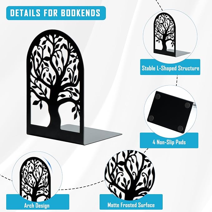 HappyHapi 5 Pair Book Ends, Metal Bookends for Shelves, Decorative Bookends | Decorative Book Holder for Shelf, Tree Stopper for Heavy Books, Black Book Ends for Home Office, 6.5 X 4.7 X 3.5 Inch