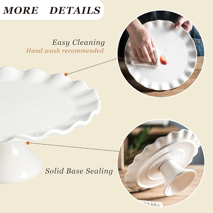 White Cake Stand for 8 Inch Cake, 10 Inch Cake Stands for Tea Party | Porcelain Round Dessert Stand, Small Cake Plate Cupcake Stand for Dessert Table Display, Farmhouse Kitchen Decor, Ruffle Trim