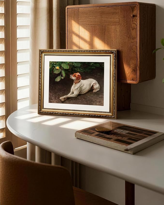 WHASAYART Vintage Gold Framed Butterfly and Dog Canvas Wall Art 13x16 Inch | Natural Farmhouse Dog Atmosphere Canvas Painting, Classic Cottagecore Animal for Living Room Bedroom Home Wall Decor