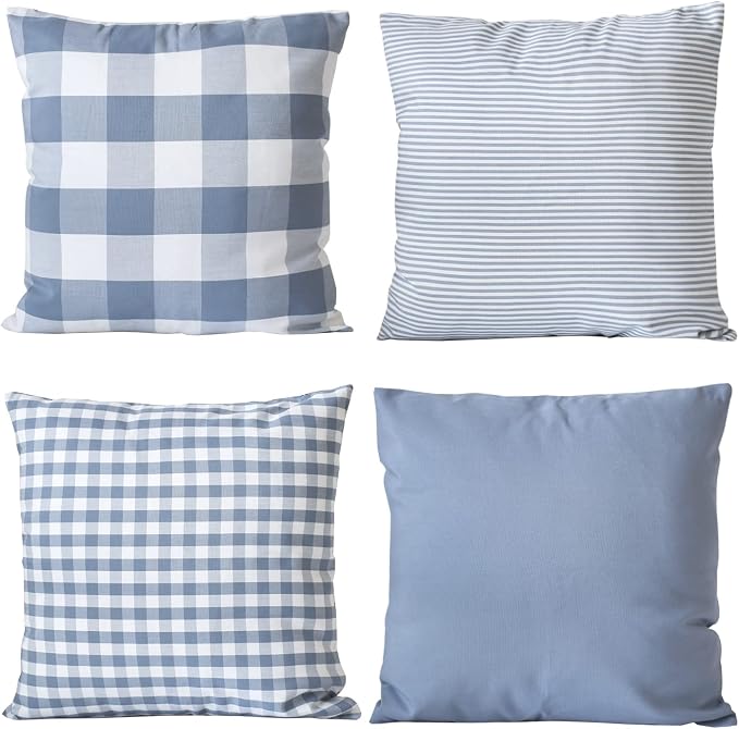 HOPLEE Light Blue Pillow Cover Cushion Cover with Buffalo Plaid, Solid Light Blue, Striped and Gingham Plaid Design 20x20 inches,4 Pack
