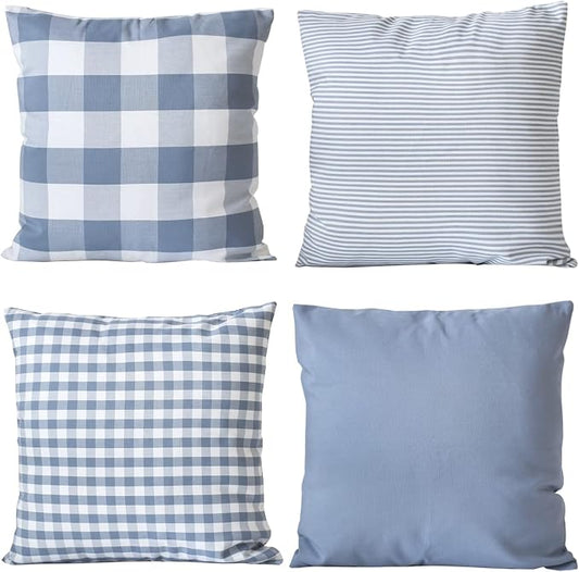 HOPLEE Light Blue Pillow Cover Cushion Cover with Buffalo Plaid, Solid Light Blue, Striped and Gingham Plaid Design 20x20 inches,4 Pack