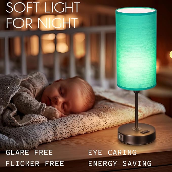 Table Lamp with USB Port - Teal Desk Lamp, Green Touch Lamp, Bedside Lamps, 3 Way Dimmable Small Lamps for Bedroom, Nightstand, Nursery, Dorm, Home, Office, Black Base+ Green Lampshade