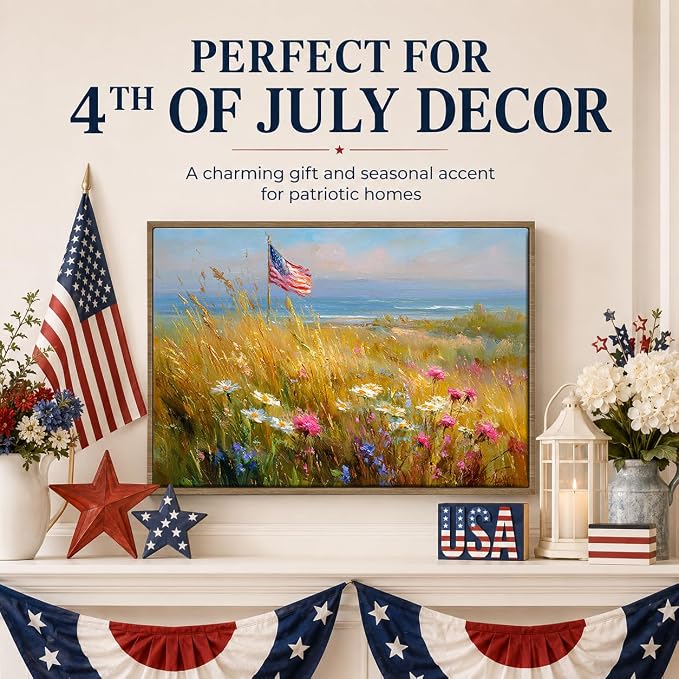 American Flag Framed Canvas Wall Art, 4th of July Patriotic Canvas Prints | Wildflower Landscape Poster Print, Vintage Rustic Independence Day Wall Decor for Bedroom Living Room Office 24×36in