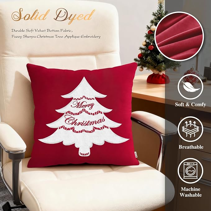 BRAWARM Christmas Pillow Cover 20 X 20 Inches, Christmas Red Christmas Tree Embroidered Pillow Cover, Soft Velvet Decorative Throw Pillow for Couch Bed Sofa Living Room Home