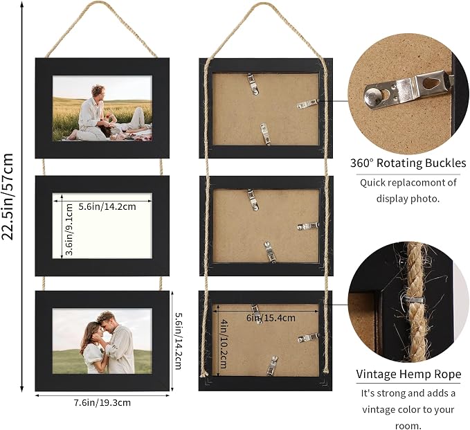 4x6 Collage Picture Frames Set of 2, Rustic Wooden Real Glass Horizontal Hanging 3 Opening 4 by 6 Photo Frame, Black