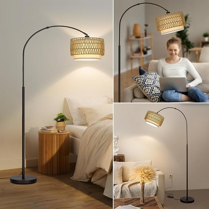 Rattan Floor Lamp, Dimmable Arc Floor Lamps with Adjustable Head