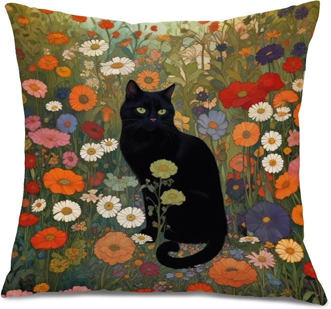 Floral Black Cat Pillow Covers 18x18, Vintage Wildflower Black Cat Decorative Throw Pillow Covers for Home Bedroom Living Room, Gifts for Cats Lovers Women