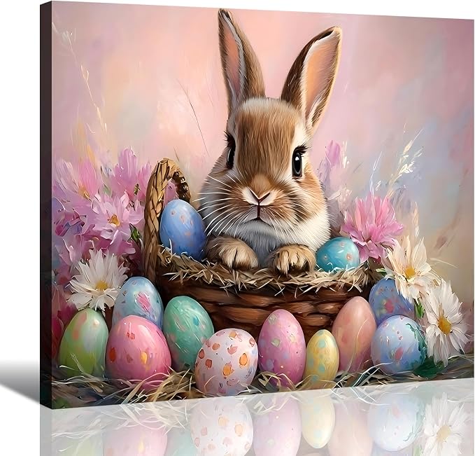 Vivid Easter Bunny Eggs Framed Canvas Wall Art for Bedroom, Colorful Easter Canvas Prints Pictures Wall Decor for Home, Kitchen, Office, Bar Artistic Wall Decorations, Ready to Hang