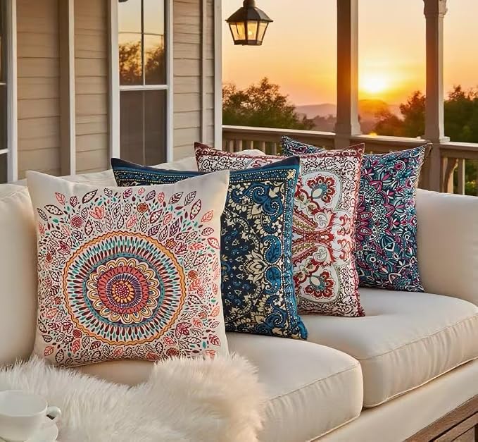 Boho Throw Pillow Covers 20X20 Inch Set of 4 Farmhouse Decorative Couch Pillow Cases Vintage Floral Pillows for Sofa Living Room Bedroom Summer Outdoor Patio Porch