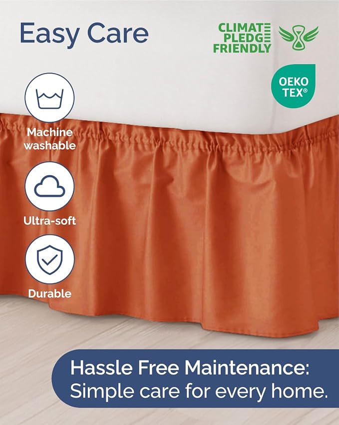 Wrap Around Dust Ruffle Bed Skirt - Terracotta - for Twin Size Beds w/ 9 Inch Drop - Easy Fit Elastic Strap - Adjustable Pleated Bedskirt w/Brushed Fabric - Wrinkle-Free - Women, Men, Kids & Teens