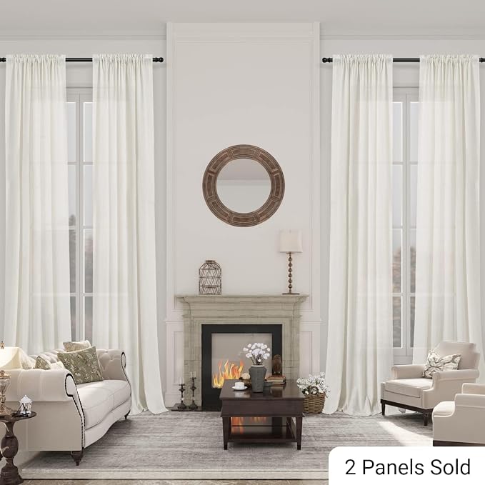 Extra Long Linen Curtains 134 Inches Long for Living Room Natural Cream Semi Sheer Curtain Rod Pocket 2 Panels Set Boho Farmhouse Light Filtering Window Drapes for Bedroom Beige Ivory 52x134