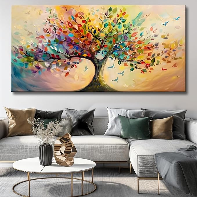 Vibrant Tree of Life Wall Art Colorful Framed Canvas Print for Living Room, Bedroom, Dining Room, or Home Office Modern Ready to Hang Decor,Nature Inspired Home Decoration - 24"x48"