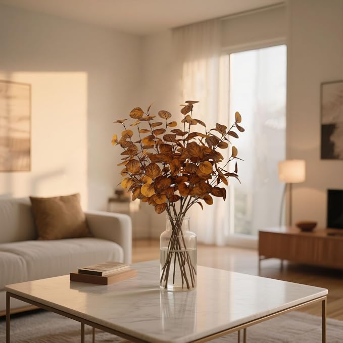 4PCS 23.62" Autumn Brown Metallic Artificial Eucalyptus Stems Real Faux Eucalyptus Leaves for Fall Home Decor, Thanksgiving Centerpiece Christmas Living Room Vase Decoration