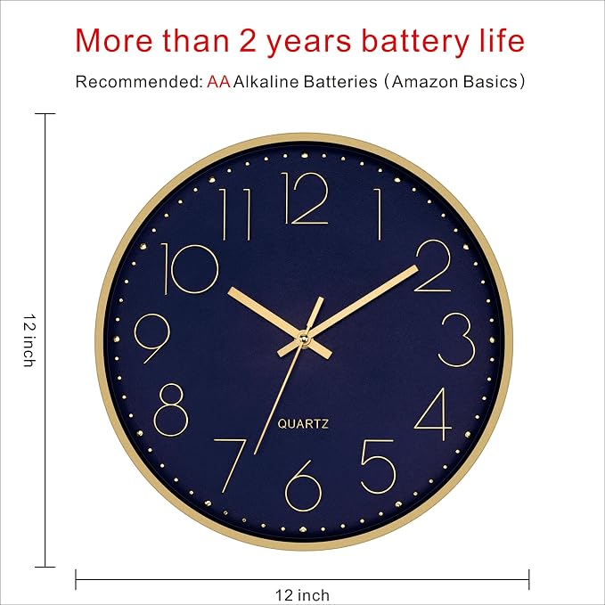 Foxtop 12" Modern Wall Clock Silent Battery Operated Metal Gold Clock | Dark Blue Dial, Non-Ticking, Round, Analog Clock, Quartz, Easy to Read, Living Room, Bedroom, Kitchen, Office