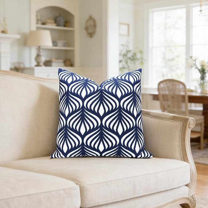 Slow Cow Embroidery Decorative Throw Pillow Cover Case for Couch Sofa Home Decor Modern Geometric Accent Pillow Cushion Cover 18 x 18 Inches Navy Blue