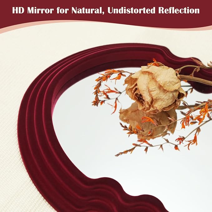 Mid-Century Modern Mirror Wall Decor for Home Office,Wine Red | 16x10",Soft Flocking Touch,Elegant Decorative Mirror for Entryway Porch Fireplace,Irregular Hanging Wall Art for Christmas