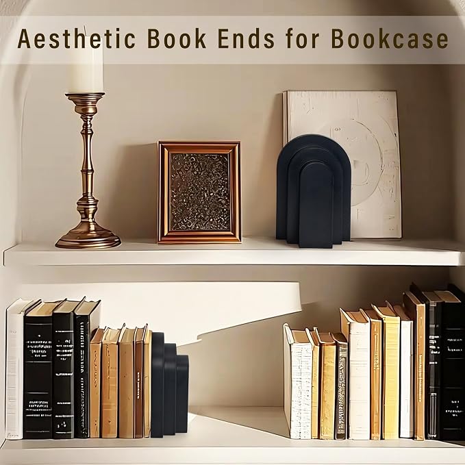 LIN CHUAN Heavy Duty Bookends for Shelves, Set of 2, Matte Black | Book Ends for Heavy Books, Decorative Book Stopper with Faux Sandstone Finish, Layered Arch Design Bookshelf holder, 6.6 lbs