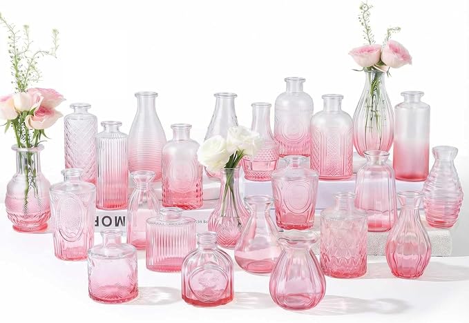 BEAHOT 24 Pack Pink Flower Vase in Bulk,Mini Vintage Glass Bud Vases for Centerpieces,Wedding Decor,Party & Home Decaration,Mother's Day (Pink-Gradient)