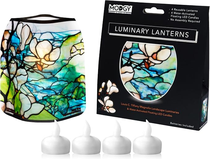 MODGY Luminary Lanterns Candle Holder Decorative Indoor Outdoor Decor, Plastic Candle Lantern Lamps for Wedding Table Centerpiece Porch 4-Pack, with Flameless Floating LED Candles Magnolia