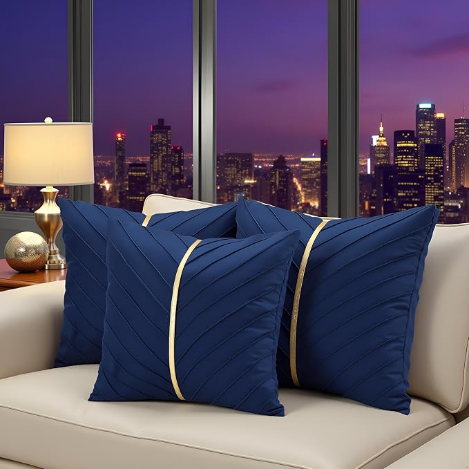 Velvet Throw Pillow Covers 24x24 Pack of 2 Gold Decor Navy Blue