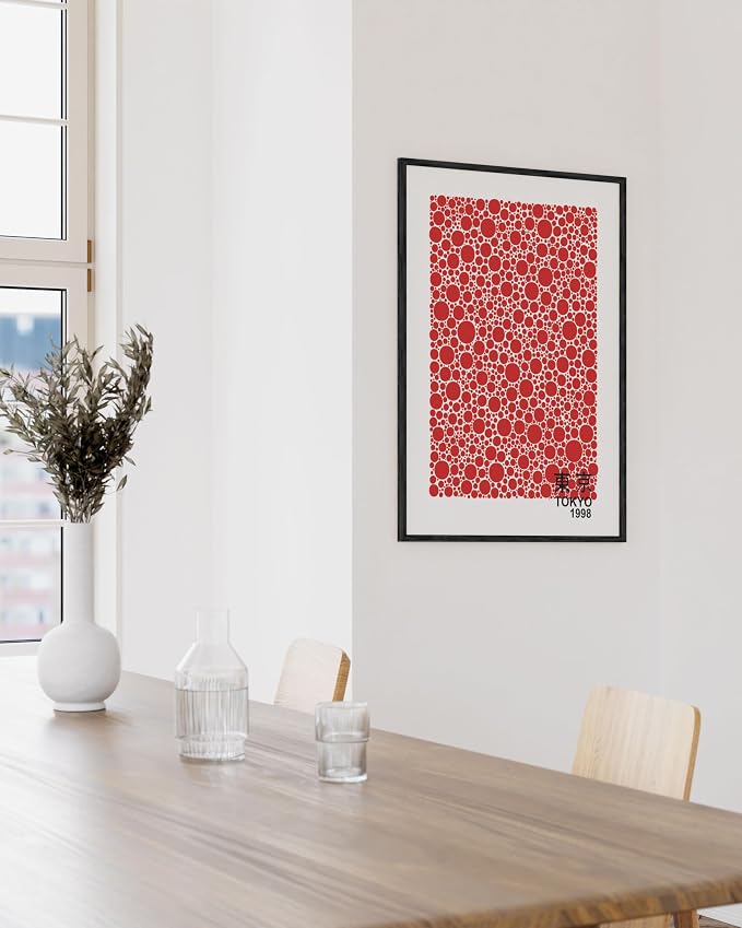 HAUS AND HUES Red Abstract Wall Art – Yayoi Kusama Inspired Japanese Poster, Circle Abstract Wall Decor, Modern Art Exhibition Print (24x36 Unframed)