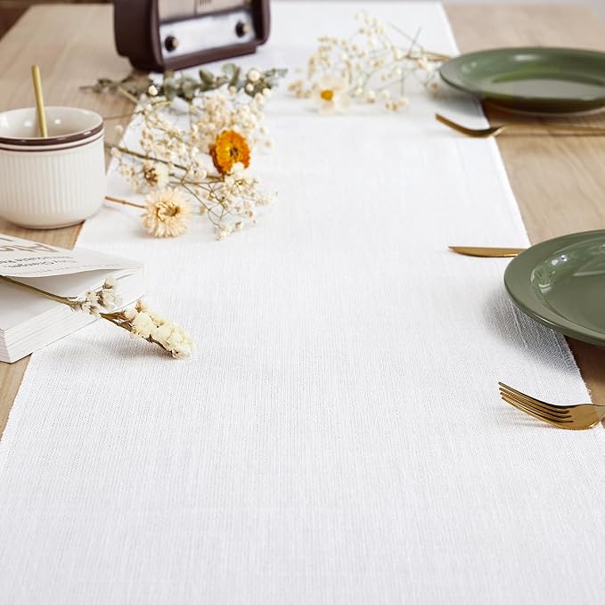 Cotton Linen Table Runner, 13x108 Inch, White with Hand Tassels | Linen Style Rustic Farmhouse Table Runners 108 Inches Long for Home Dresser Kitchen Dining Table Decor, Machine Wash