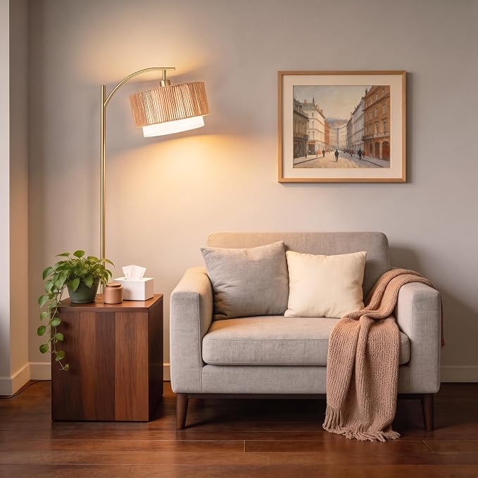 TJOY Arc Floor Lamp for Living Room, Boho Rattan & Fabric Shades