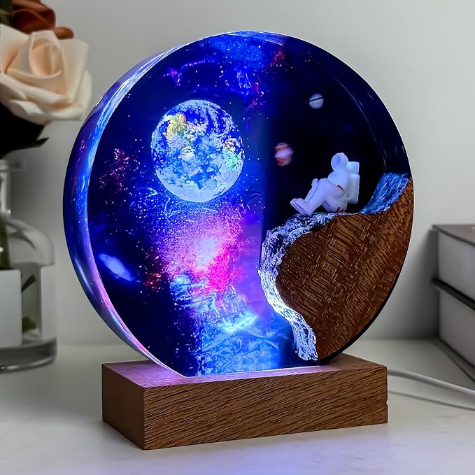 Handmade Galaxy Resin Lamp with Wooden Base