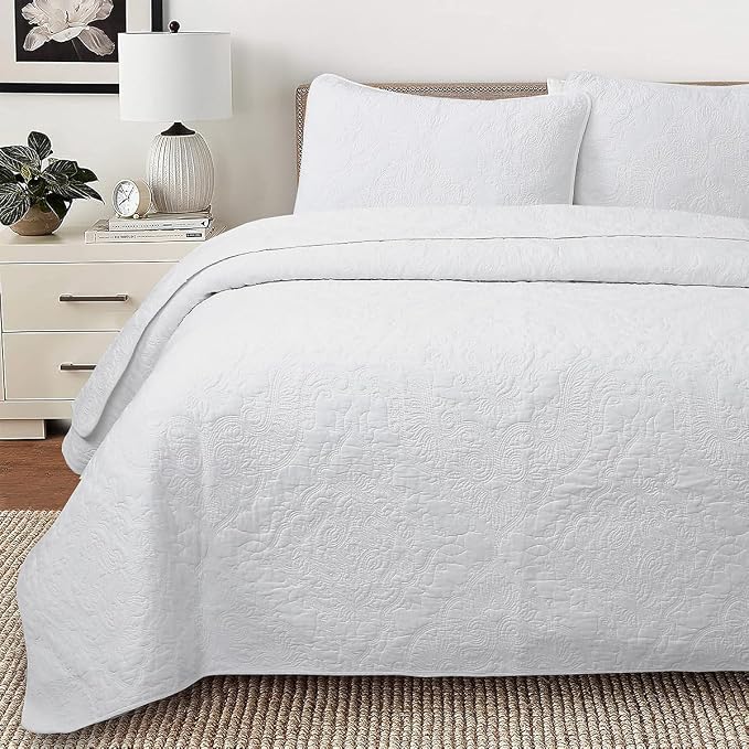 Cozy Line Home Fashions Solid White 100% Cotton Quilt Set, King | 3-Piece, Textured Damask Stitch, King Shams, All Season