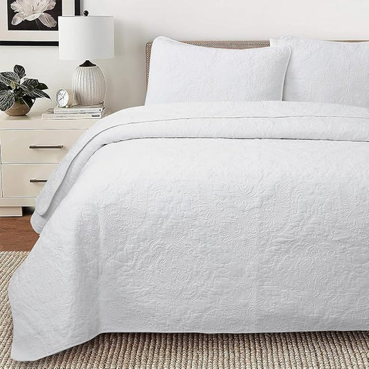 Cozy Line Home Fashions Solid White 100% Cotton Quilt Set, King | 3-Piece, Textured Damask Stitch, King Shams, All Season