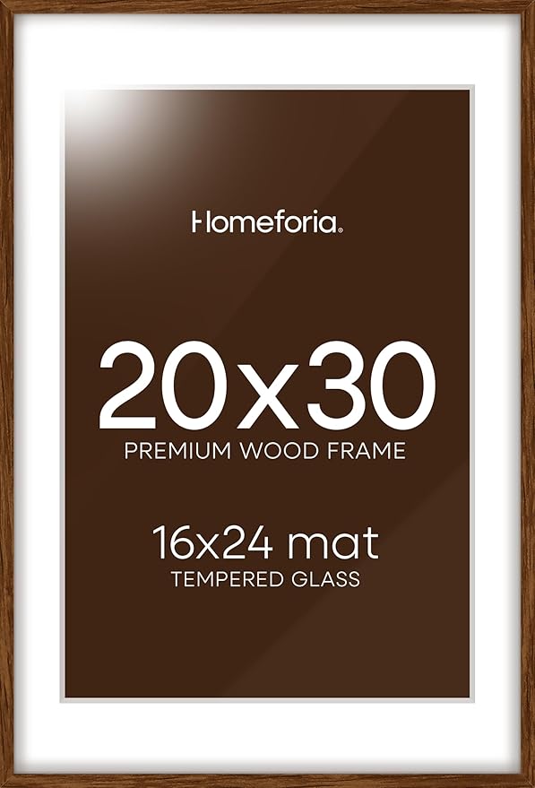 Homeforia 20x30 Brown Oak Picture Frame, High-End Wood, 16x24 Mat, Glass
