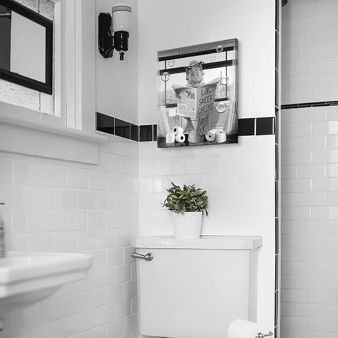Funny Dinosaur Wall Art Black and White Bathroom Print Farmhouse Bathroom Animals Wall Decor Dinosaur Sitting in Toilet Reading Newspaper Painting Framed Artwork for Toilet 16x20 inch