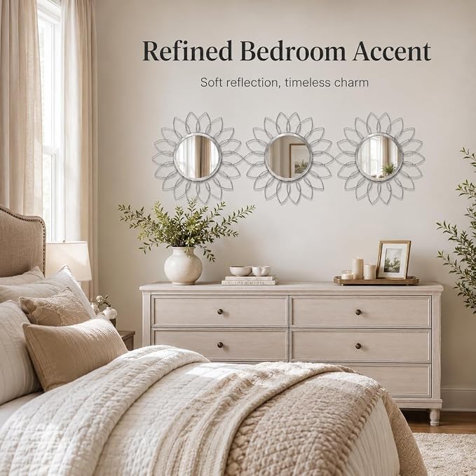 Silver Flower Mirror Set of 3, 3PCS Metal Round Decorative Wall Mirrors, Floral Petal Accent Mirror Wall Decor for Bathroom, Living Room, Bedroom & Entryway