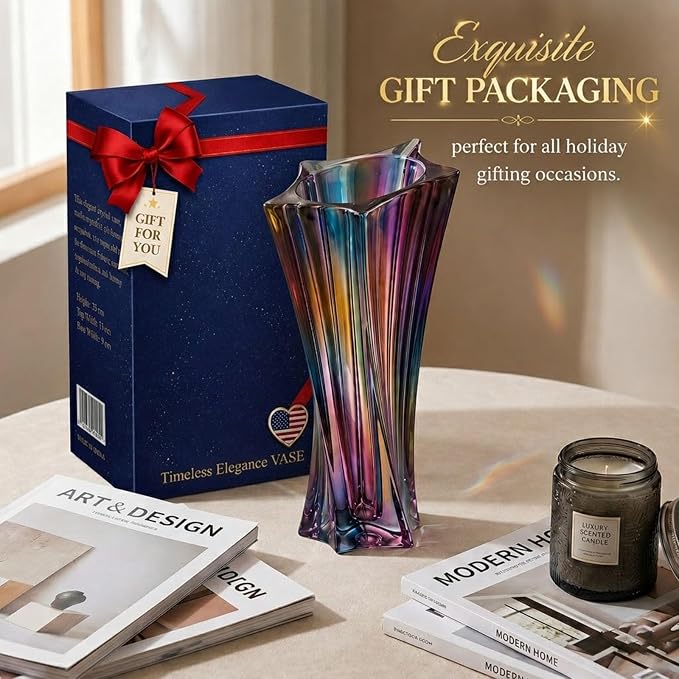 Crystal Glass Vase – Heavy Crystal Vase for Flowers with Weighted Bottom, Thick Durable Decorative Vases for Modern Home Decor, 9.8″ 3.5lb Clear Centerpiece (Heavy Color X 2)