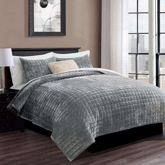 RECYCO Channel Box Stitch Velvet Quilt Set, Full Queen Size, Gray | Ultra Soft Lightweight Velvet Comforter, Luxury Oversized Bedspread Coverlet, Quilted Bedding Set for All Season with 2 Shams