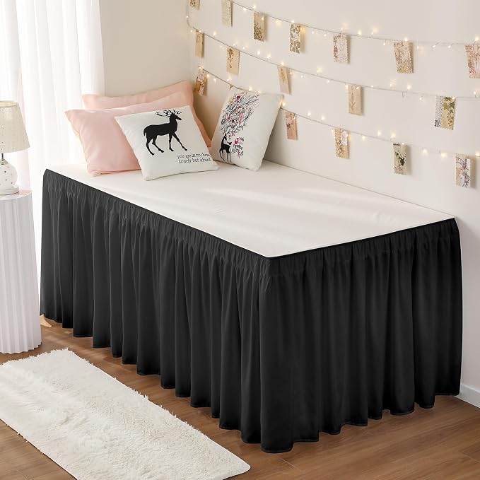Dorm Bed Skirt Twin XL 25" Drop, College Dorm Room Essentials, Black | Solid ruffled, Wrap-around/elastic, Wrinkle & Fade resistant, with Adhesive Strips, Gift Packed, Machine Wash/Tumble Dry/Iron