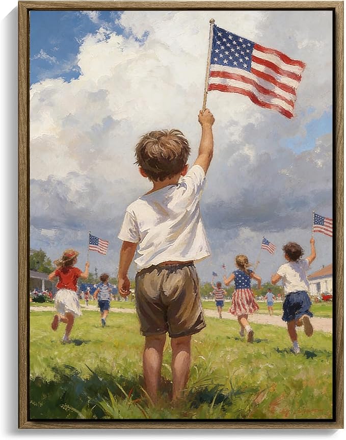 American Flag Framed Canvas Wall Art, 4th of July Patriotic Canvas Prints | Boy Holding USA Flag Poster Print, Modern Independence Day Wall Decor for Living Room Kids Room Dining Room Office 8×10in