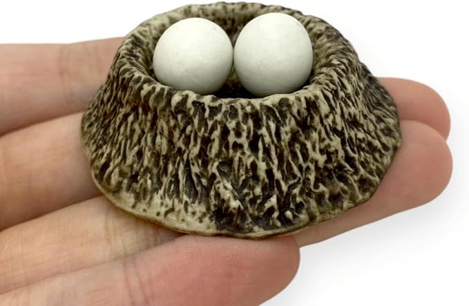 WitnyStore Tiny 1⅞" Ostrich Eggs in Nest African Flightless Bird Figurine - Miniature Hand Made Ceramic Birds Porcelain Animals Cute Decorative Figures Collectible Figurines for Terrarium Décor Gifts