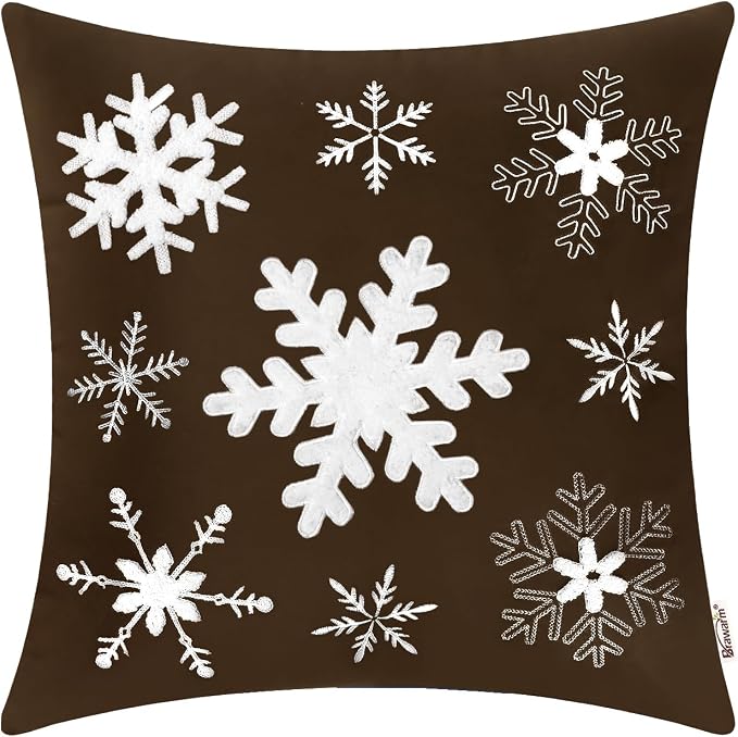 BRAWARM Christmas Pillow Cover 18 X 18 Inches, Coffee Snowflake Embroidered Pillow Cover, Soft Velvet Decorative Throw Pillow for Couch Bed Sofa Living Room Home