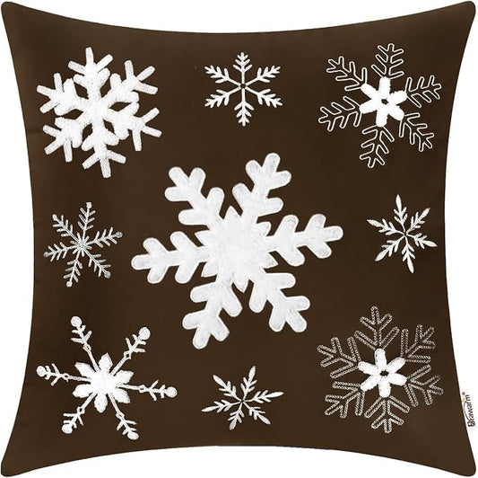 BRAWARM Christmas Pillow Cover 18 X 18 Inches, Coffee Snowflake Embroidered Pillow Cover, Soft Velvet Decorative Throw Pillow for Couch Bed Sofa Living Room Home