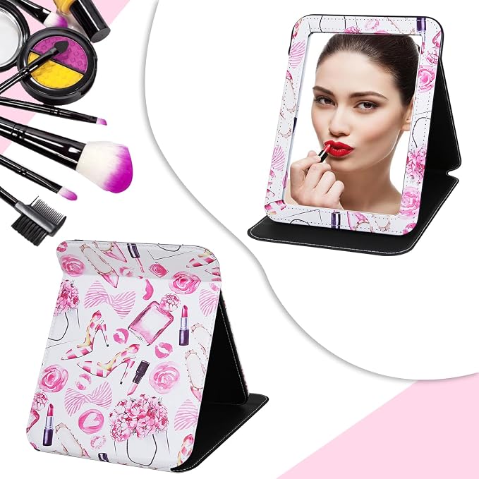 Portable Folding PU Leather Makeup Mirror with Adjustable Stand Large, Rectangular Desktop Vanity Mirror with Rounded Corners for Travel, Camping, Office, 7x9 Inches